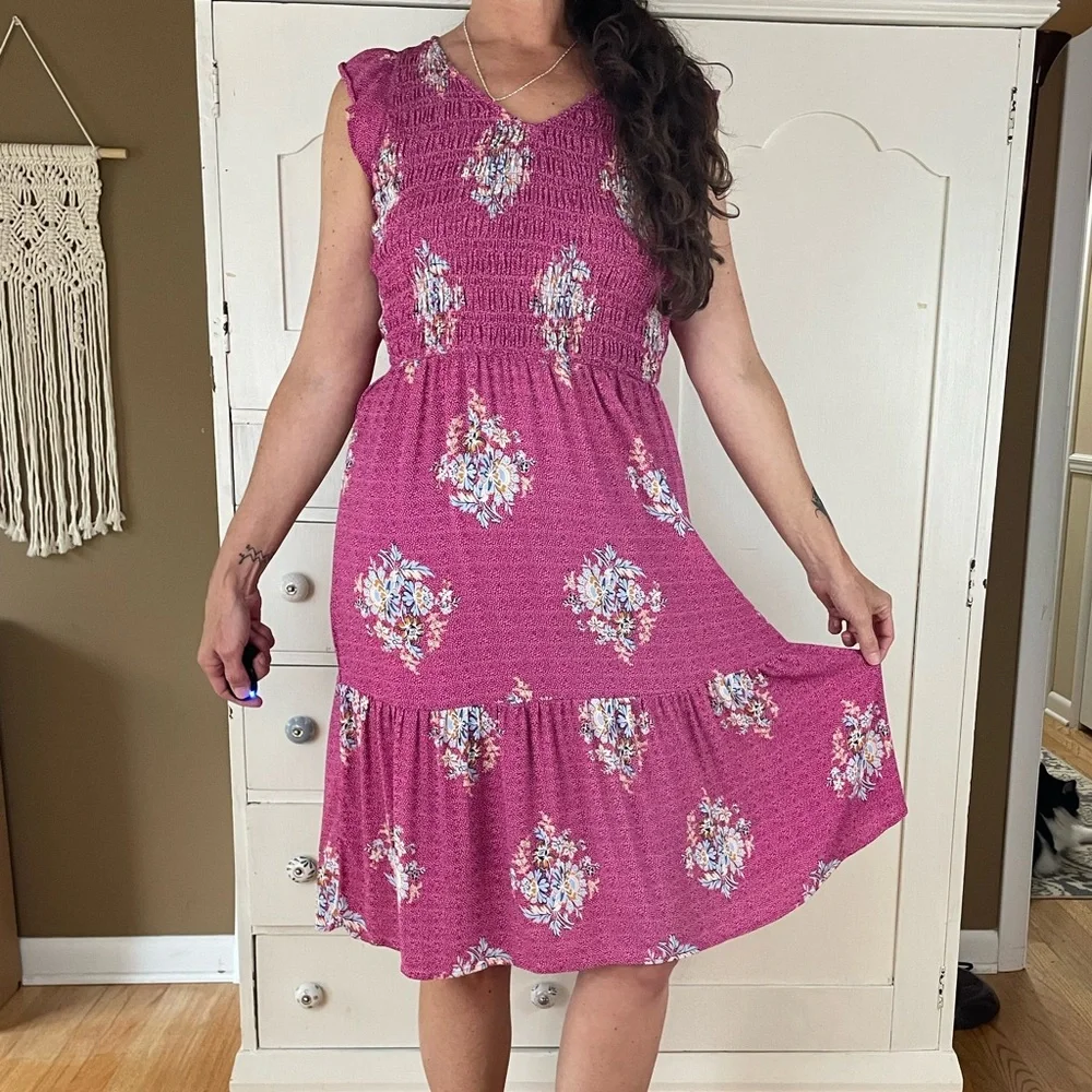 LOFT Pink Flutter Sleeve Sundress smocked midi Petite M